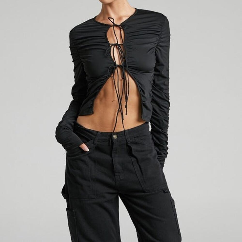 Lioness Kalifornia Tie Front Long Sleeve Ruched Jersey Blouse Top Onyx Womens XS